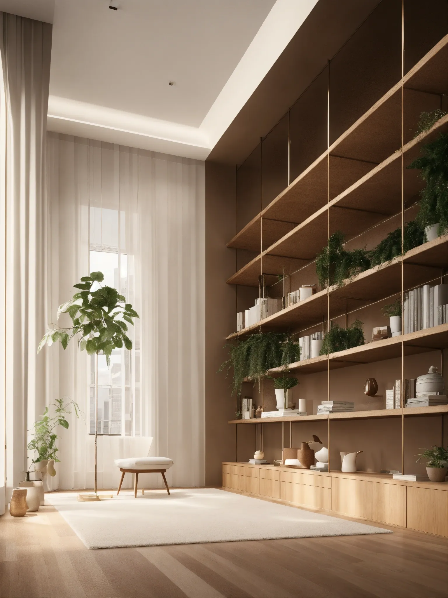 Minimalist living room with sheer white organic linen curtains